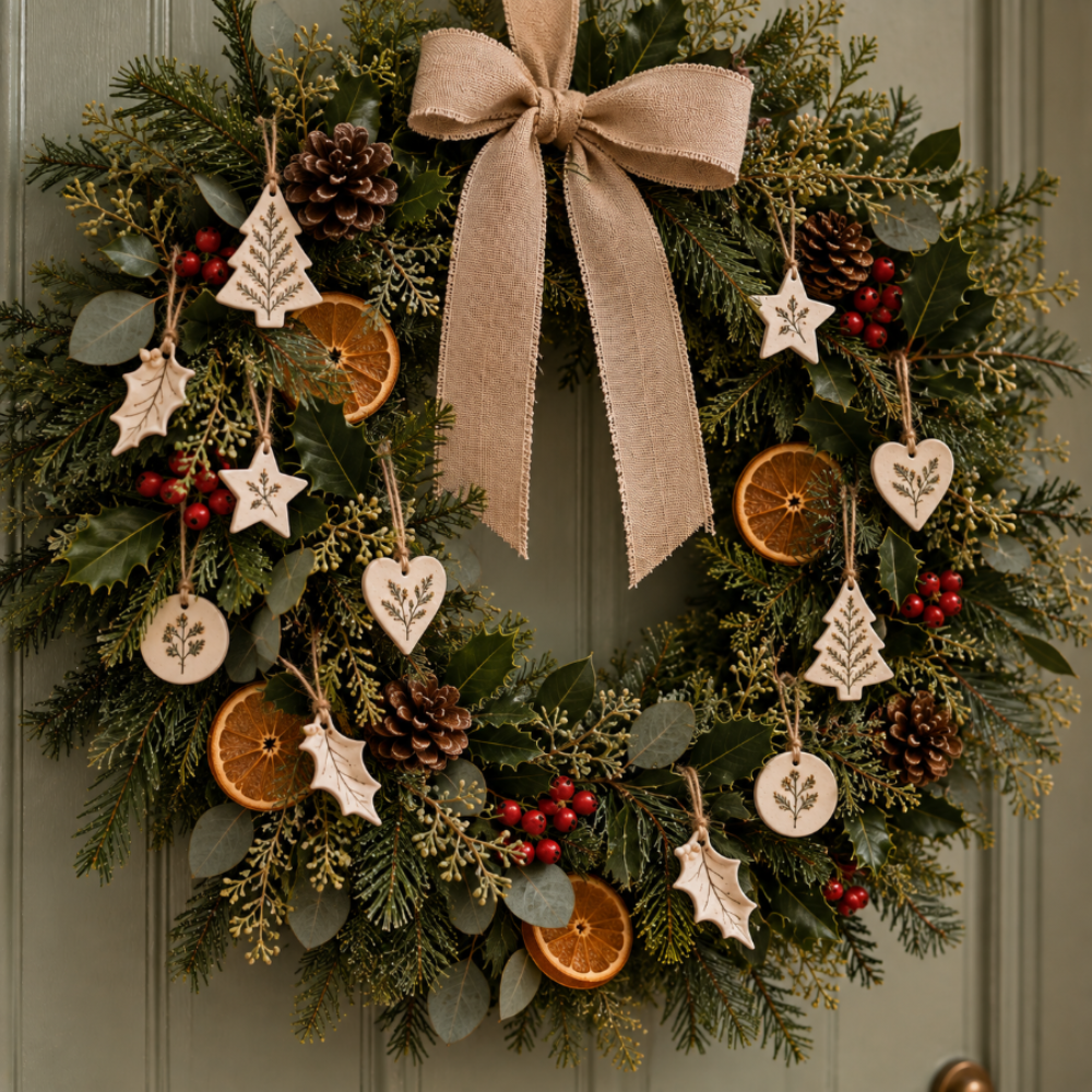 A festive Christmas wreath hanging on a muted green door, decorated with green pine branches, eucalyptus leaves, pinecones, dried orange slices, red berries, and a large beige burlap bow at the top. Small wooden ornaments shaped like holly leaves, stars, and hearts are also attached.